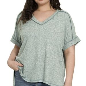 Zenana Soft Melage Hacci V-neck Ash Jade Size 1x/2x Rolled Sleeve